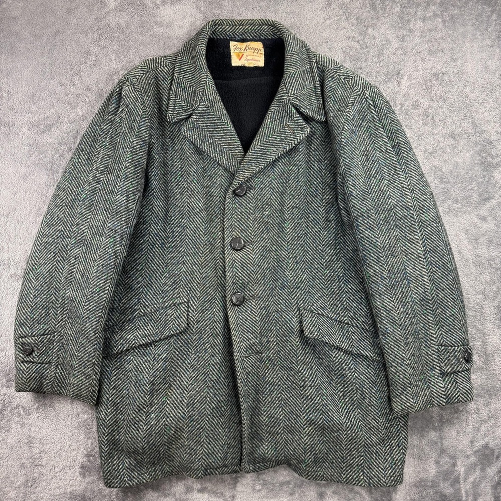 Vintage Fox Knapp Coat Mens 52 Green Herringbone Wool Tweed‎ Overcoat USA 50s